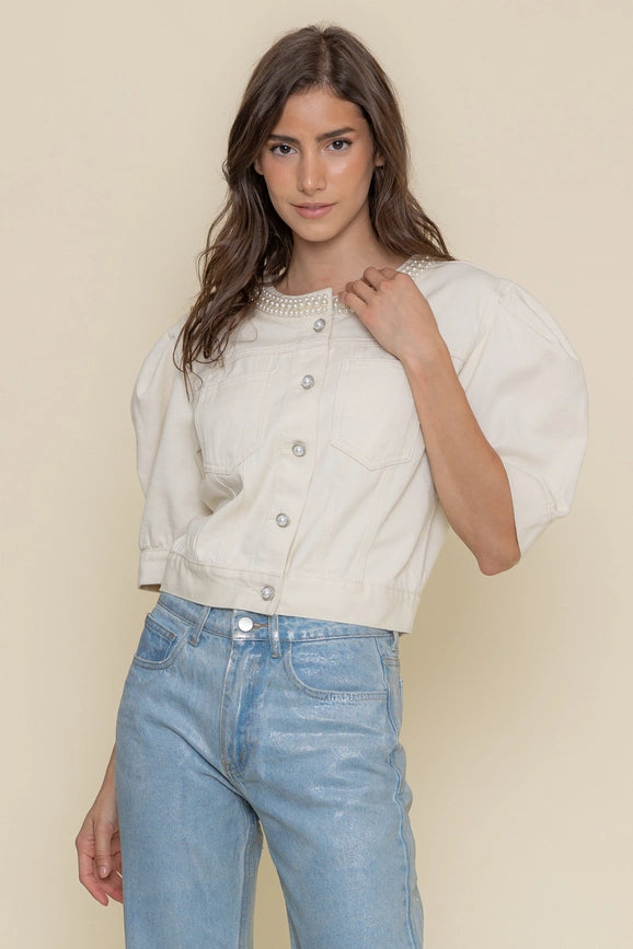 Pearl Neck Puff Slv Denim TOP