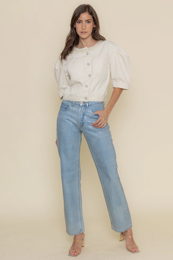 Pearl Neck Puff Slv Denim TOP