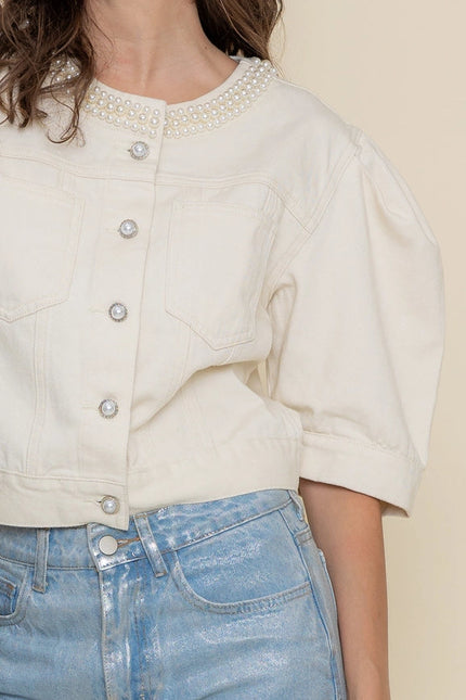 Pearl Neck Puff Slv Denim TOP