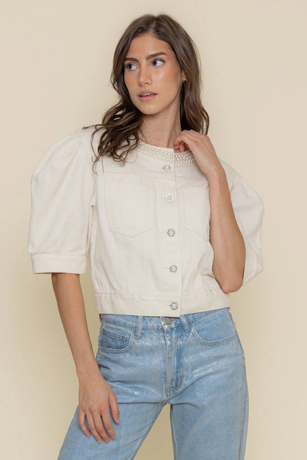 Pearl Neck Puff Slv Denim TOP