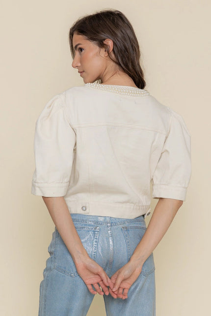 Pearl Neck Puff Slv Denim TOP