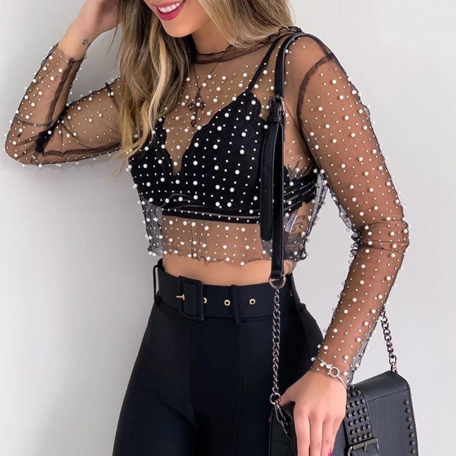 Pearl Rhinestone Studded See Through Mesh Crop Top Black