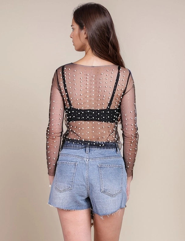 Pearl Rhinestone Studded See Through Mesh Crop Top Black