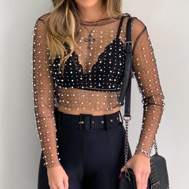 Pearl Rhinestone Studded See Through Mesh Crop Top Black