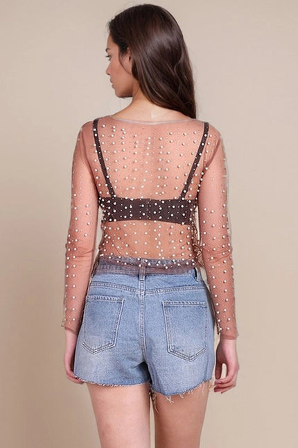 Pearl Rhinestone Studded See Through Mesh Crop Top Coffee