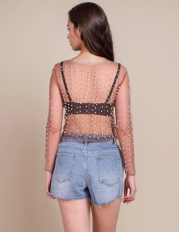 Pearl Rhinestone Studded See Through Mesh Crop Top Coffee