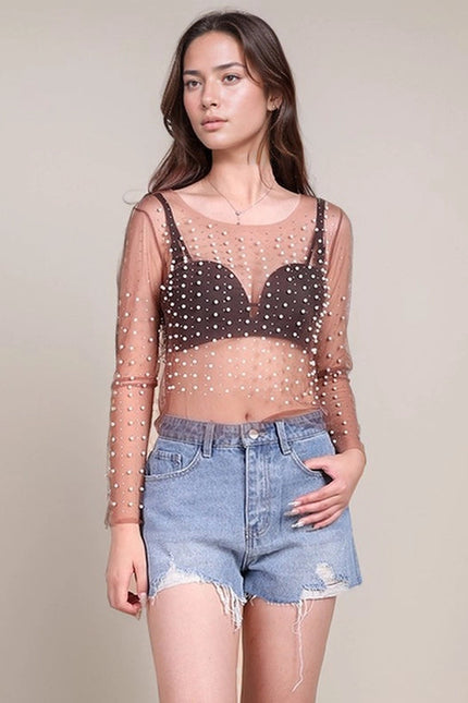 Pearl Rhinestone Studded See Through Mesh Crop Top Coffee