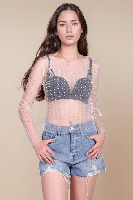 Pearl Rhinestone Studded See Through Mesh Crop Top White