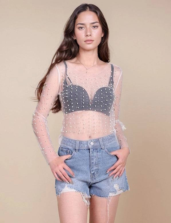 Pearl Rhinestone Studded See Through Mesh Crop Top White