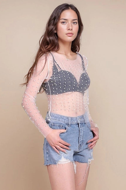 Pearl Rhinestone Studded See Through Mesh Crop Top White