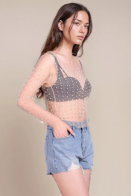 Pearl Rhinestone Studded See Through Mesh Crop Top White