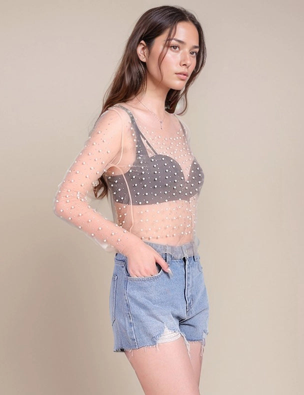 Pearl Rhinestone Studded See Through Mesh Crop Top White