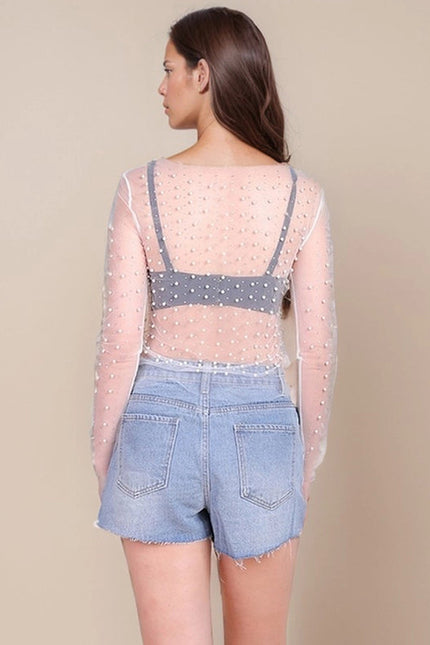 Pearl Rhinestone Studded See Through Mesh Crop Top White