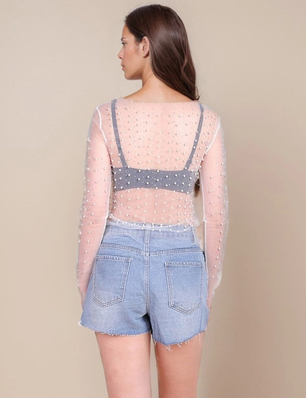 Pearl Rhinestone Studded See Through Mesh Crop Top White