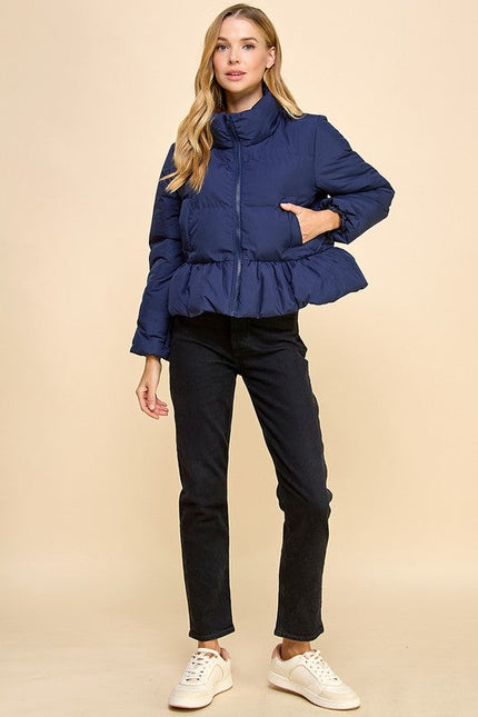 Peplum Bubbled Hem Puffer Jacket