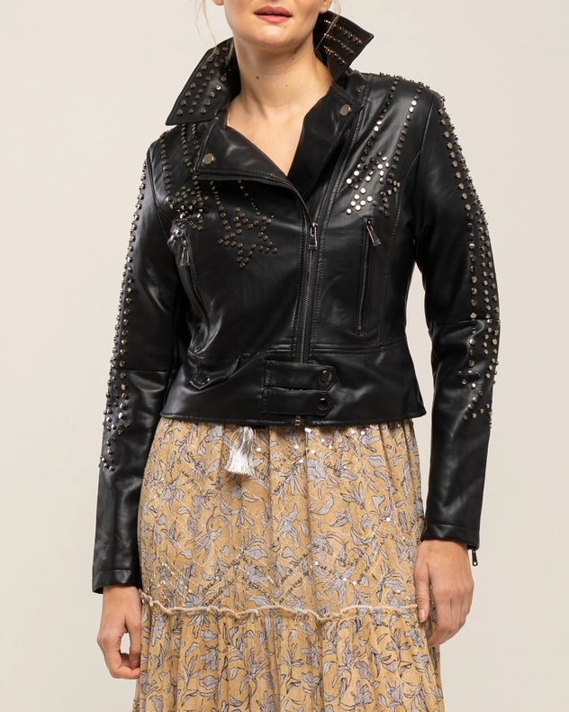 Perfect Style Faux Leather Jacket With Studs And Zippers