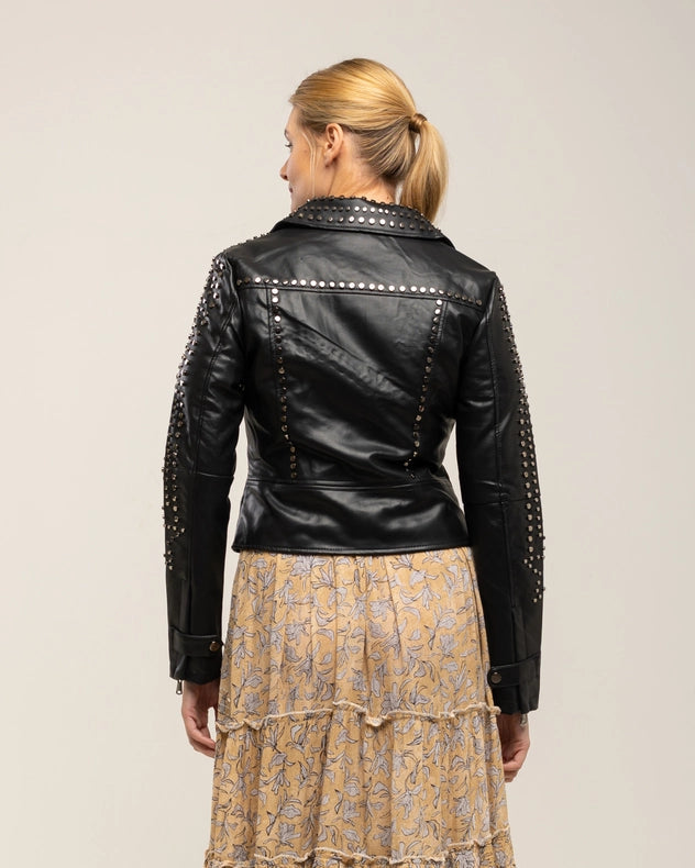 Perfect Style Faux Leather Jacket With Studs And Zippers