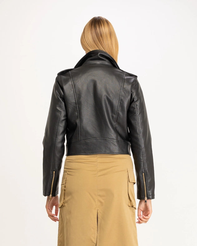 Perfect Style Faux Leather Jacket With Zipper Detail Black