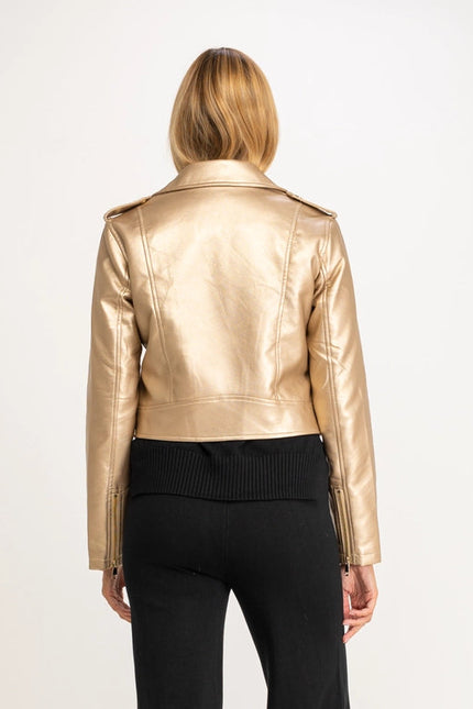 Perfect style faux leather jacket with zipper detail GOLD