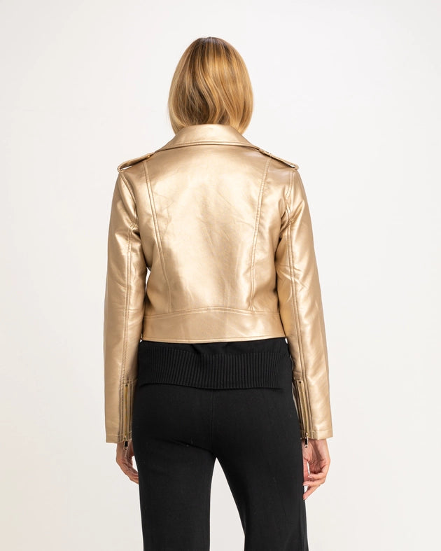 Perfect style faux leather jacket with zipper detail GOLD