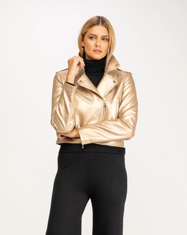 Perfect style faux leather jacket with zipper detail GOLD