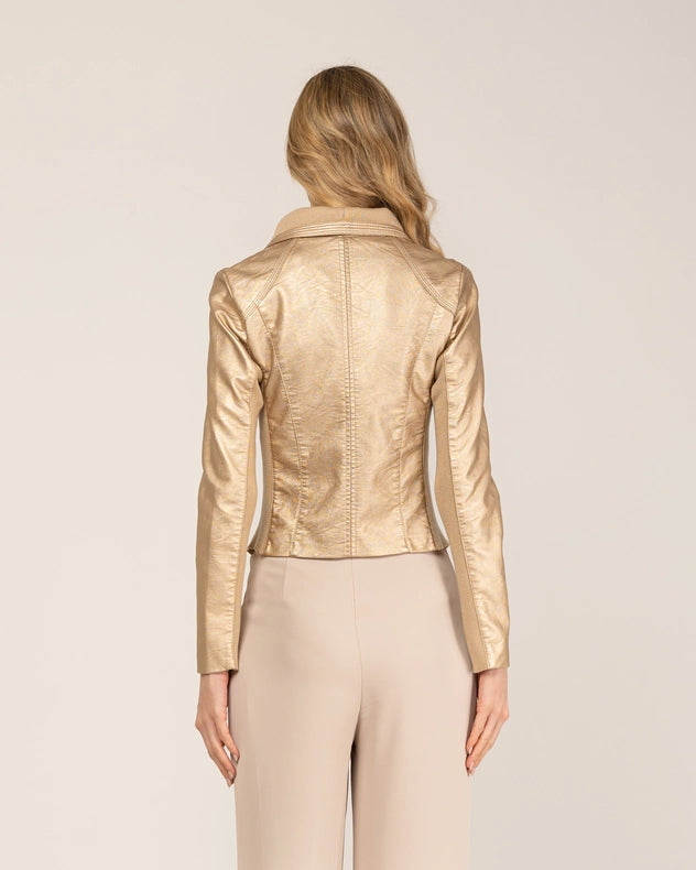 Perfect Style Metallic Jacket With Knit And Zipper Details Gold