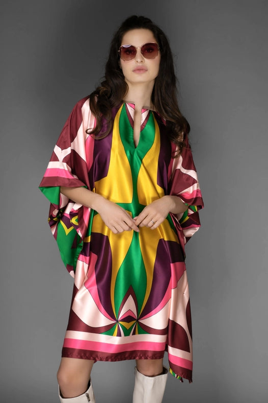 Pink Abstract Print Short Satin Kaftan Dress