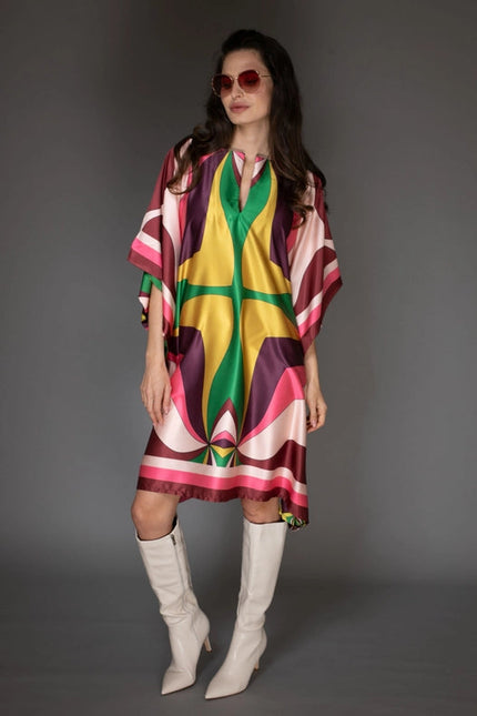 Pink Abstract Print Short Satin Kaftan Dress