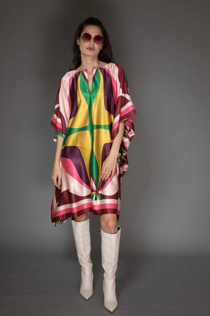 Pink Abstract Print Short Satin Kaftan Dress