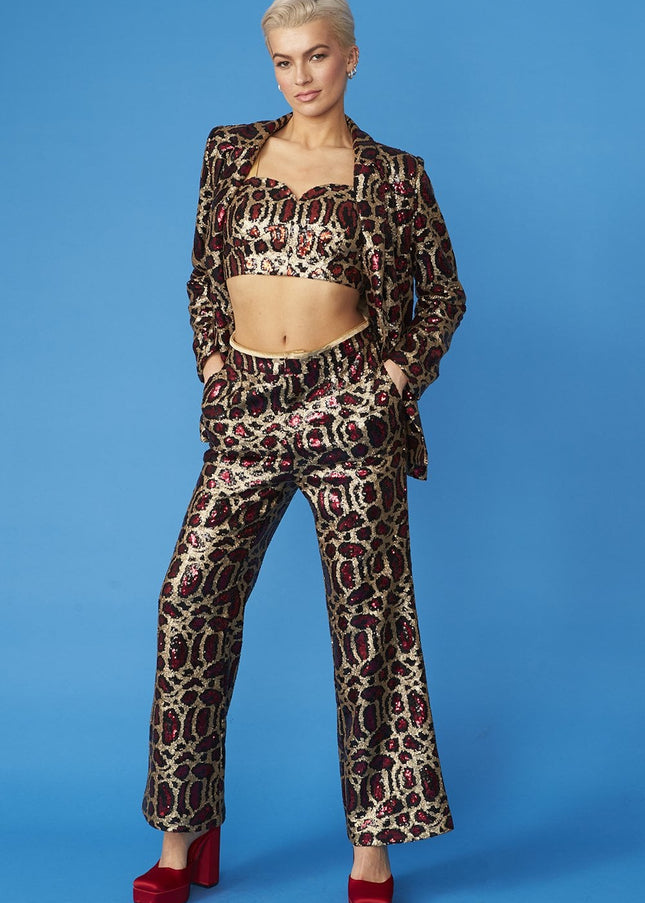 Pink Bamboo Animal Print Sequin Trousers-1