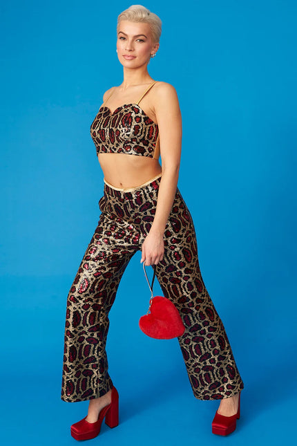 Pink Bamboo Animal Print Sequin Trousers-0