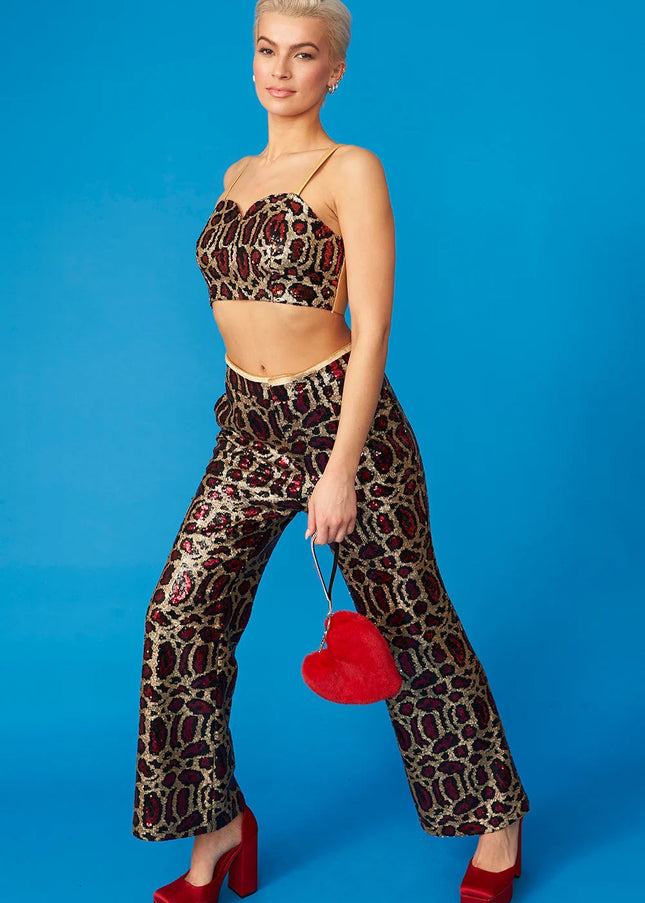 Pink Bamboo Animal Print Sequin Trousers-0