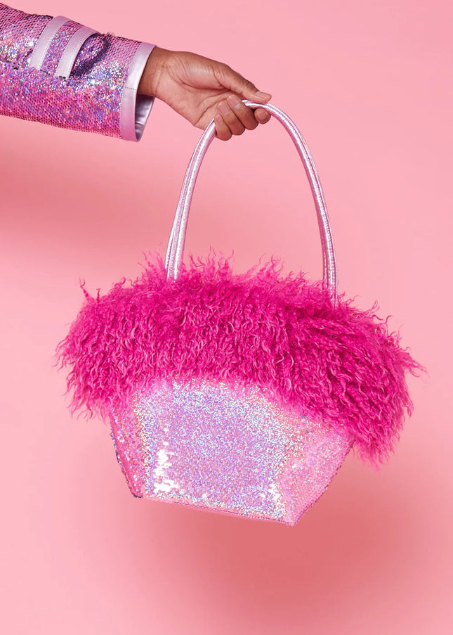 Pink Bamboo Sequin Faux Fur Bag-0