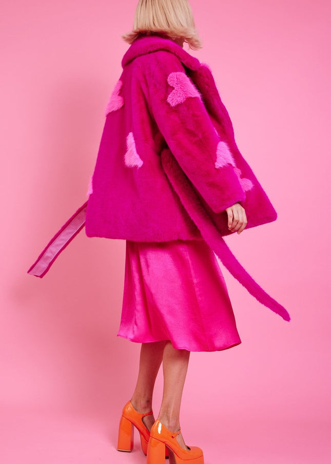 Pink Eco Bamboo Faux Fur Coat with Love Heart Detailing-2