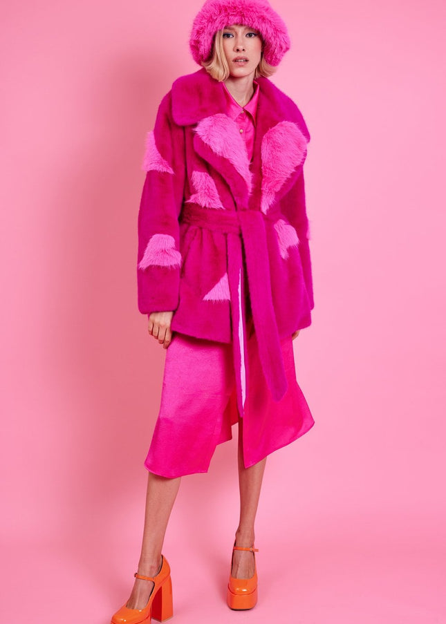 Pink Eco Bamboo Faux Fur Coat with Love Heart Detailing-3