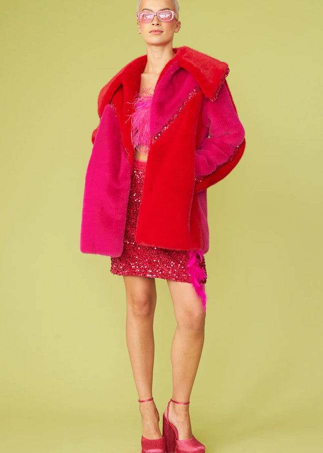 Pink Eco Faux Fur Midi Sequins Star Coat-1