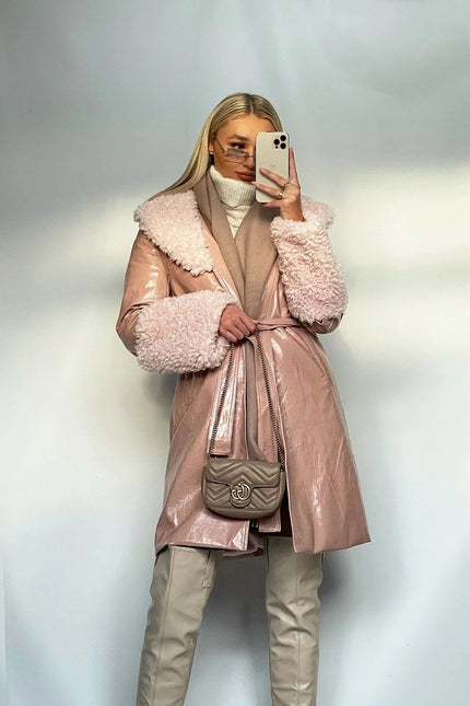 Pink Faux Leather Trench Coat with Faux Shearling Collar and Cuffs-0