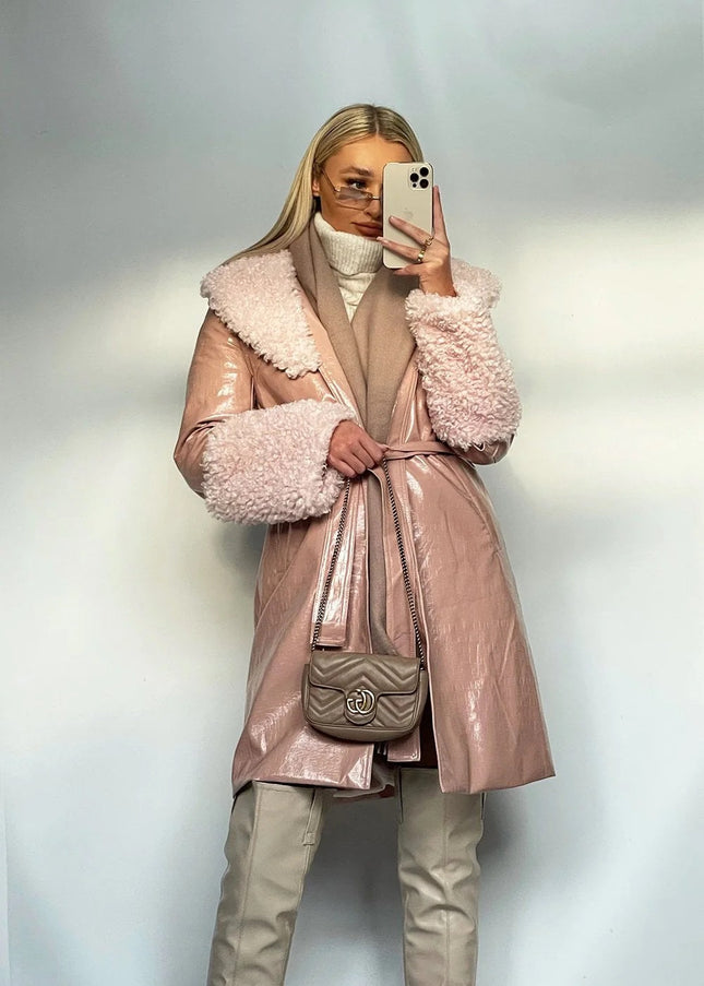 Pink Faux Leather Trench Coat with Faux Shearling Collar and Cuffs-0