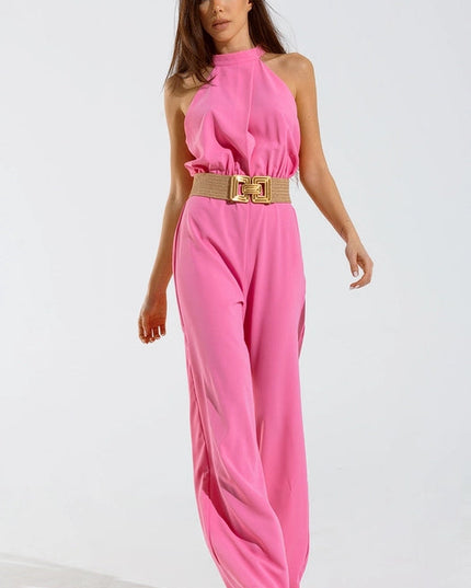 Pink Jumpsuits With Top Crossed And High Collar