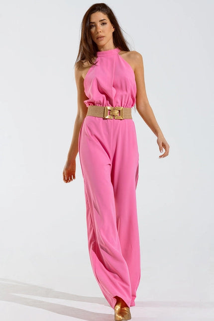 Pink Jumpsuits With Top Crossed And High Collar