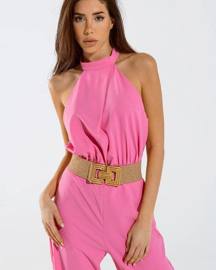 Pink Jumpsuits With Top Crossed And High Collar