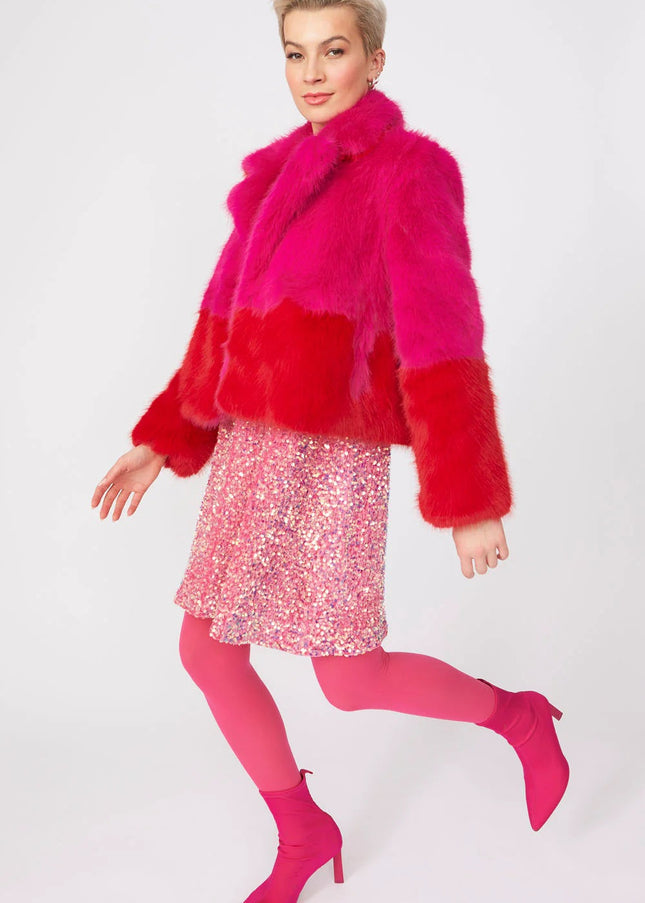 Pink Red Bamboo Faux Fur Double Cropped Coat-1