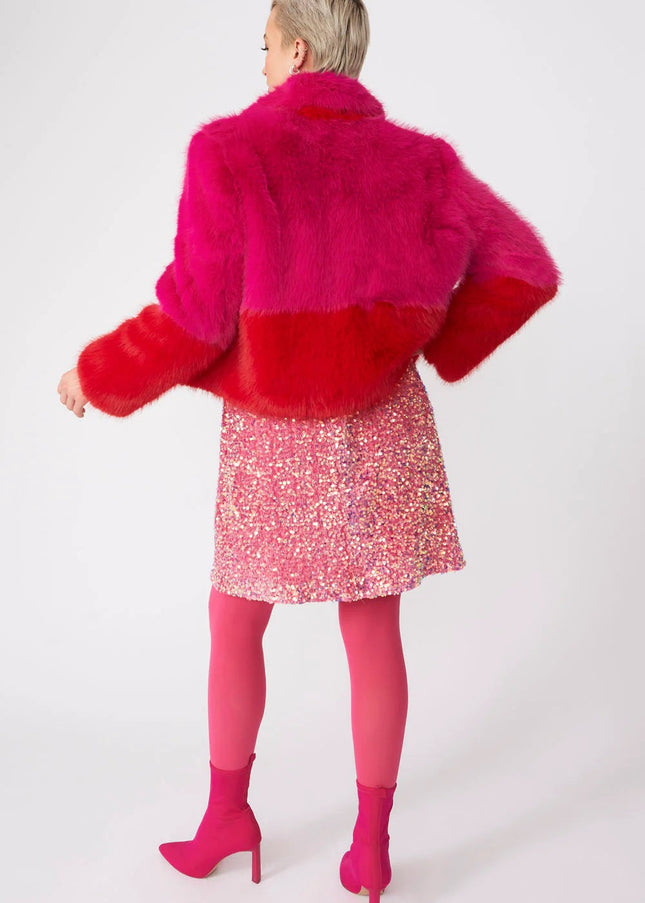 Pink Red Bamboo Faux Fur Double Cropped Coat-2