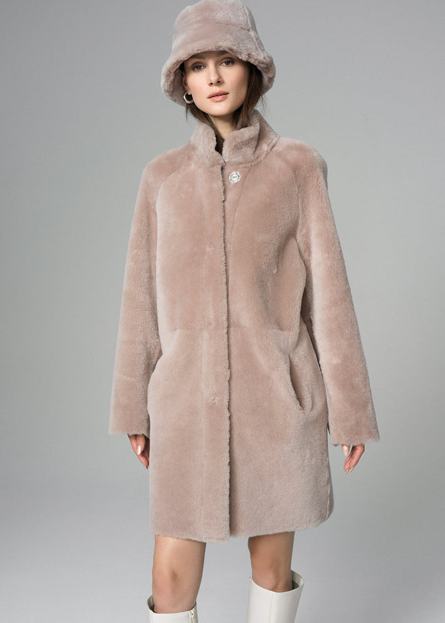 Pink Reversible Genuine Merino Wool Sheepskin Midi Coat-0