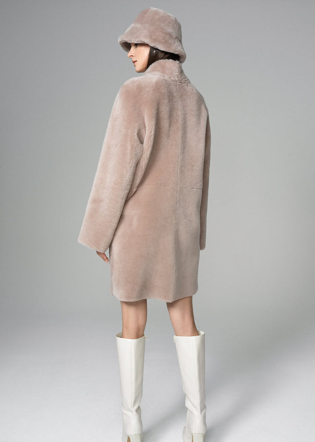 Pink Reversible Genuine Merino Wool Sheepskin Midi Coat-1