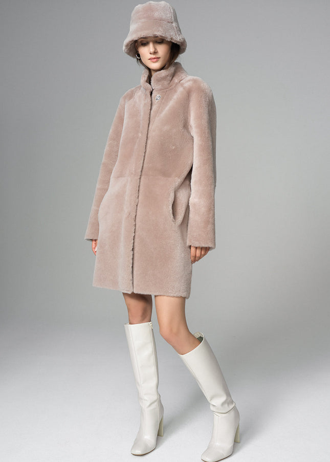 Pink Reversible Genuine Merino Wool Sheepskin Midi Coat-2