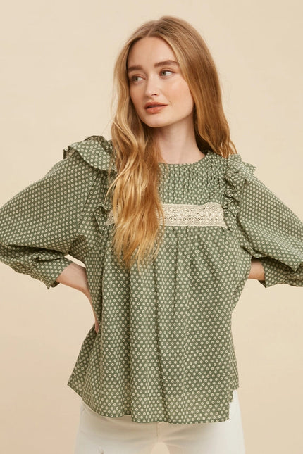 Pintuck Smock Long Sleeve Blouse  FOREST GREEN