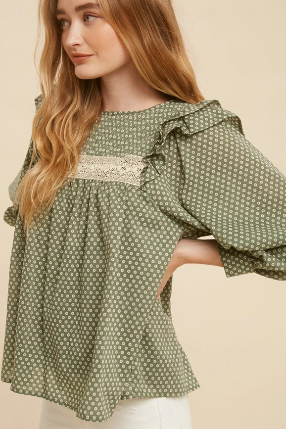 Pintuck Smock Long Sleeve Blouse  FOREST GREEN