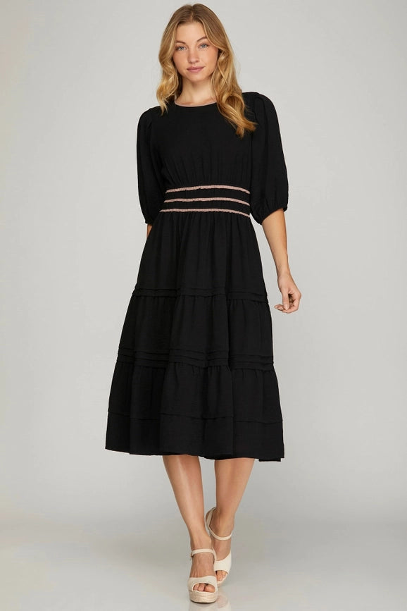 Pintuck Tiered Woven Midi Dress