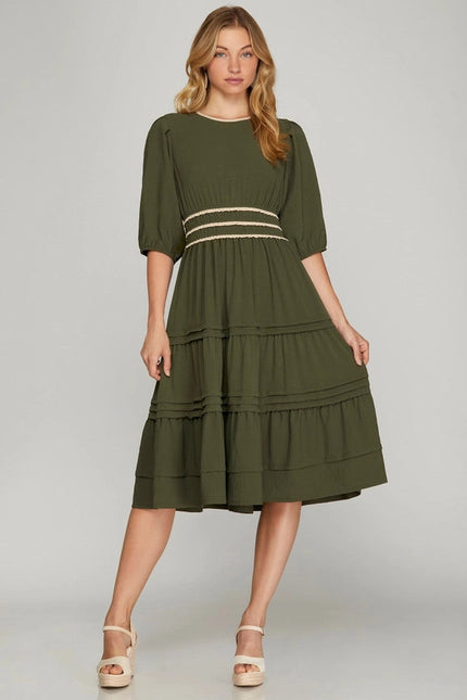 Pintuck Tiered Woven Midi Dress